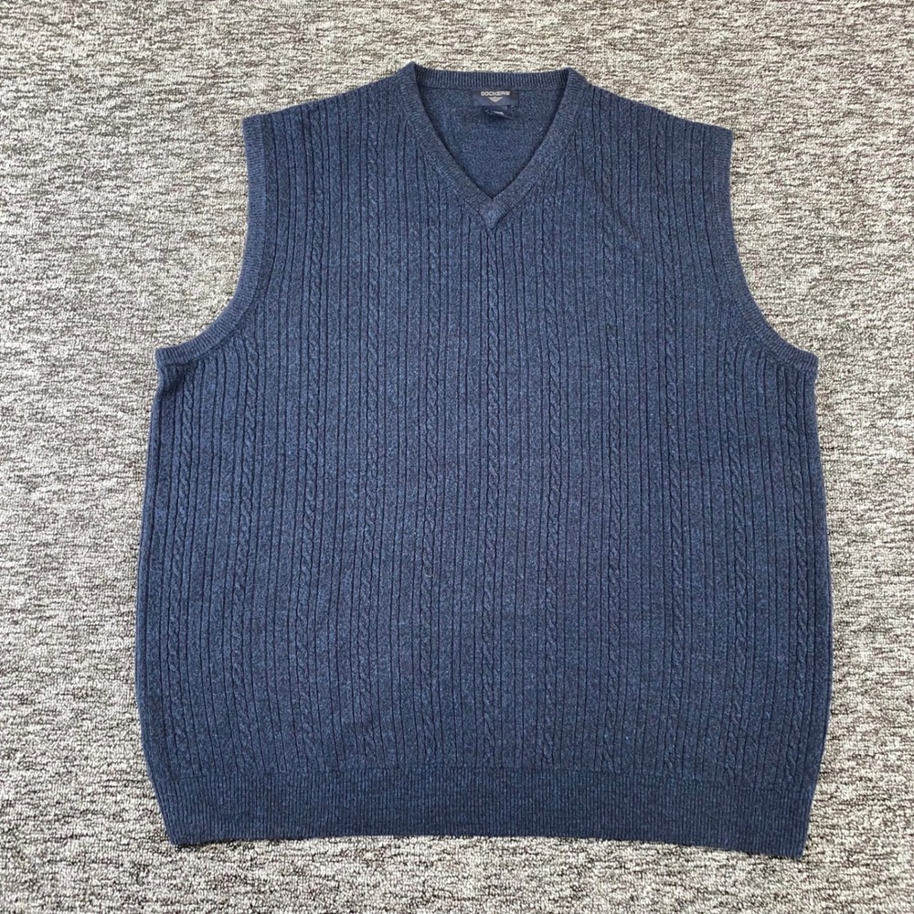 Dockers Mens XLT Cable Knit Sweater Vest Navy Blue V Neck 100 Acrylic